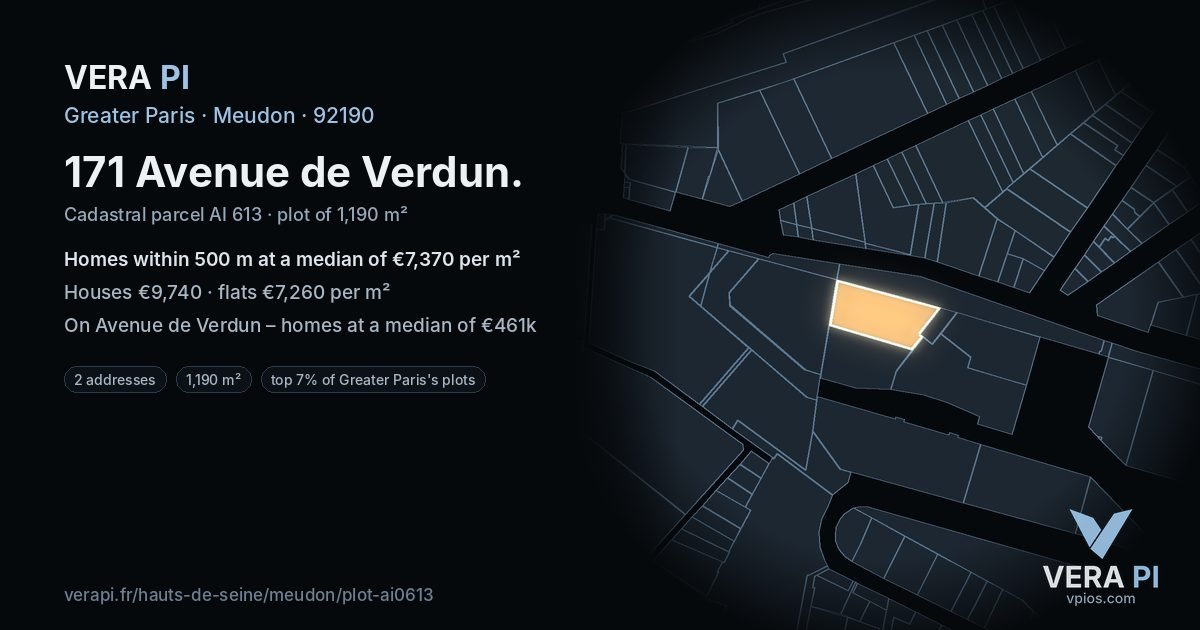 171 Avenue de Verdun, Meudon at night – the plot lit, the parcels around coloured by the prices near them