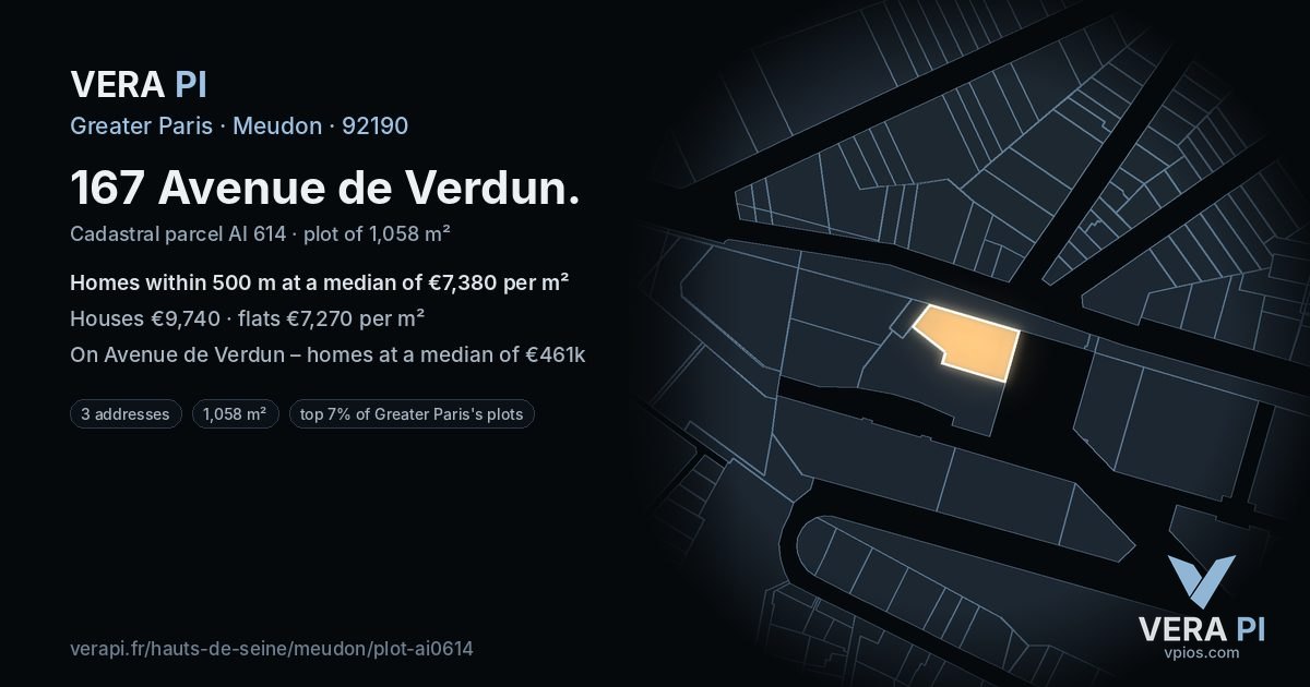 167 Avenue de Verdun, Meudon at night – the plot lit, the parcels around coloured by the prices near them