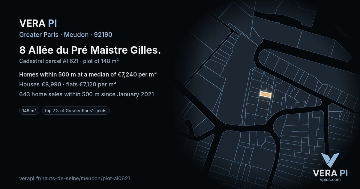 8 Allée du Pré Maistre Gilles, Meudon at night – the plot lit, the parcels around coloured by the prices near them