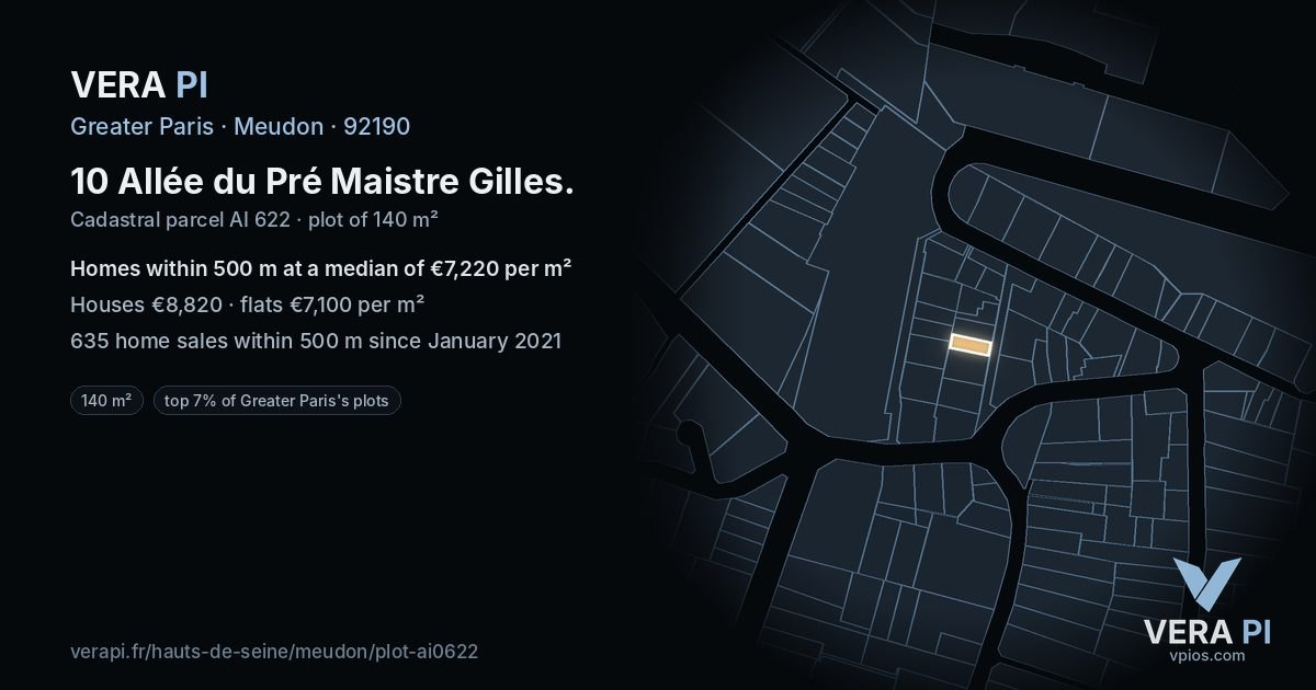 10 Allée du Pré Maistre Gilles, Meudon at night – the plot lit, the parcels around coloured by the prices near them