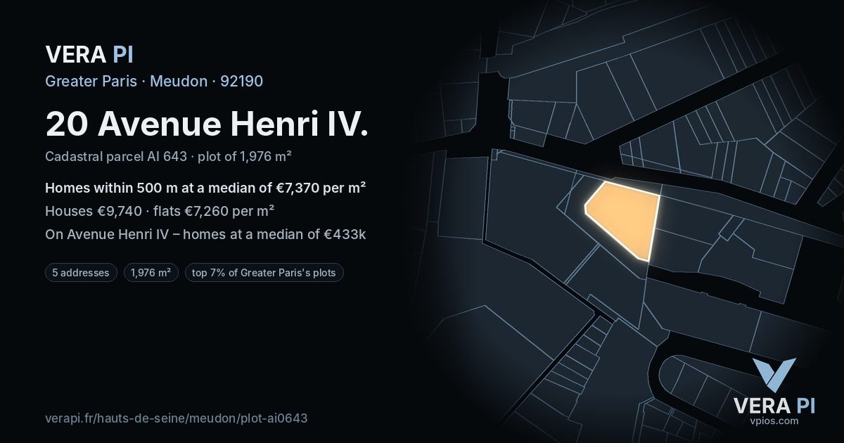 20 Avenue Henri IV, Meudon at night – the plot lit, the parcels around coloured by the prices near them