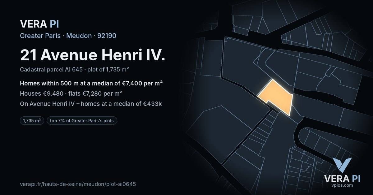 21 Avenue Henri IV, Meudon at night – the plot lit, the parcels around coloured by the prices near them