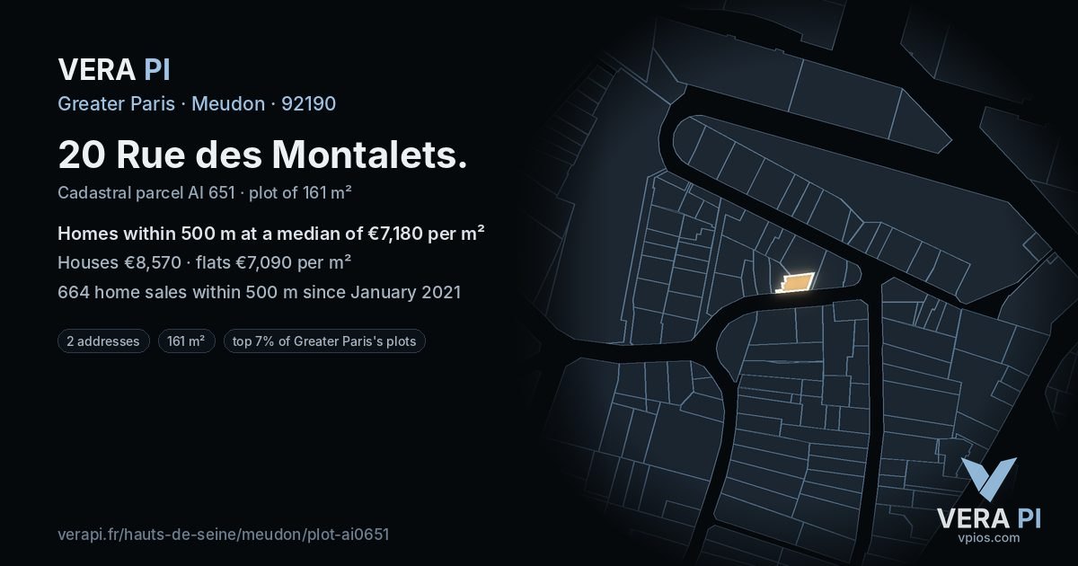 20 Rue des Montalets, Meudon at night – the plot lit, the parcels around coloured by the prices near them