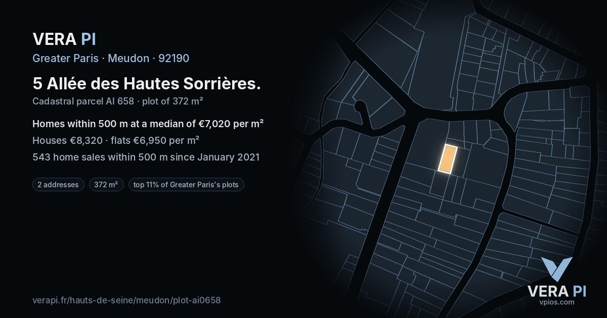 5 Allée des Hautes Sorrières, Meudon at night – the plot lit, the parcels around coloured by the prices near them