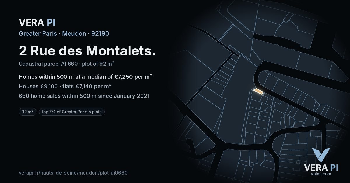 2 Rue des Montalets, Meudon at night – the plot lit, the parcels around coloured by the prices near them