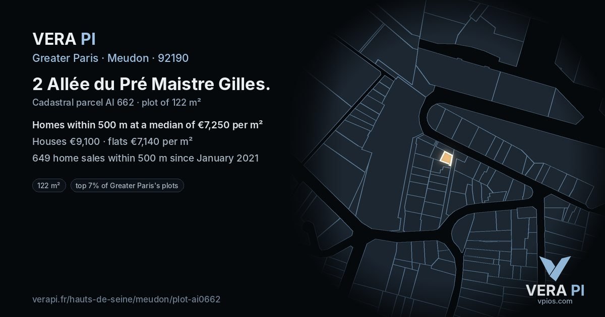 2 Allée du Pré Maistre Gilles, Meudon at night – the plot lit, the parcels around coloured by the prices near them