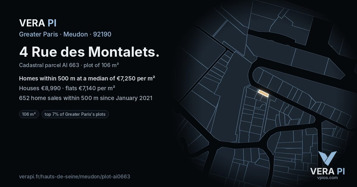 4 Rue des Montalets, Meudon at night – the plot lit, the parcels around coloured by the prices near them