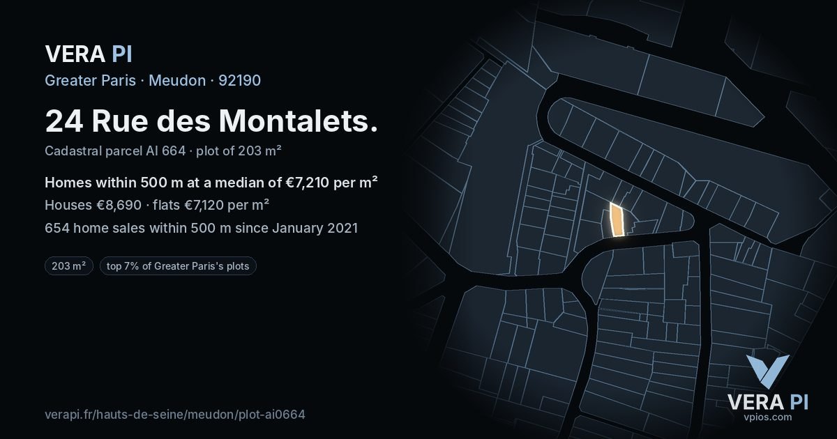 24 Rue des Montalets, Meudon at night – the plot lit, the parcels around coloured by the prices near them