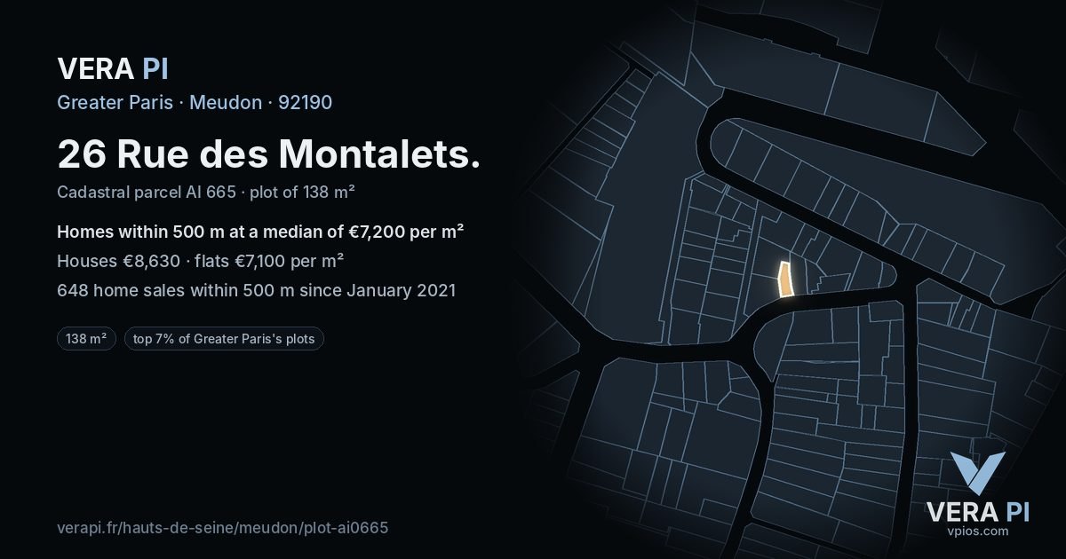 26 Rue des Montalets, Meudon at night – the plot lit, the parcels around coloured by the prices near them