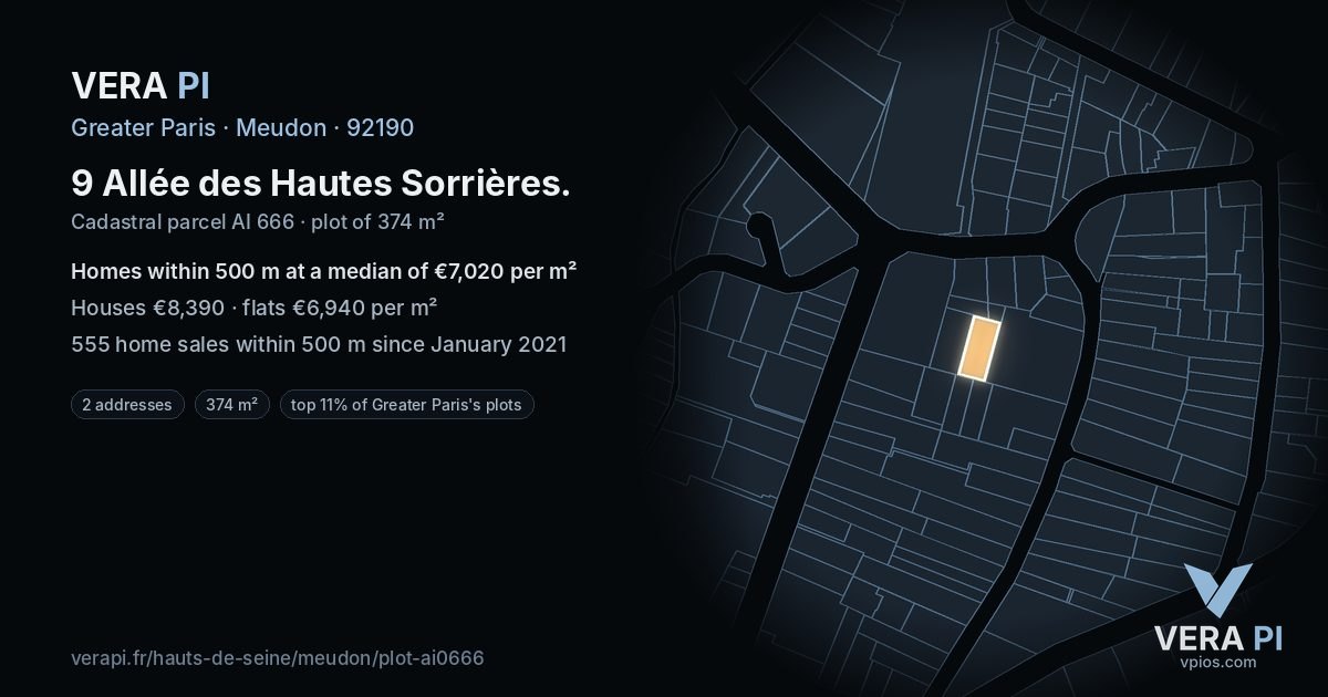 9 Allée des Hautes Sorrières, Meudon at night – the plot lit, the parcels around coloured by the prices near them