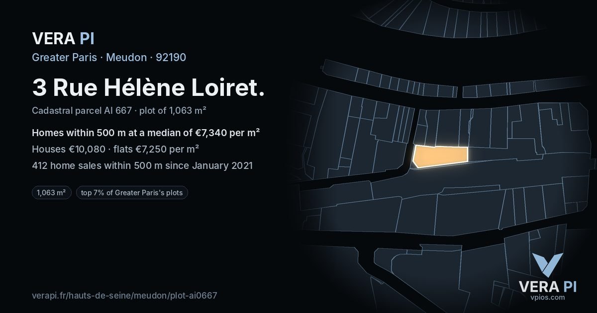 3 Rue Hélène Loiret, Meudon at night – the plot lit, the parcels around coloured by the prices near them