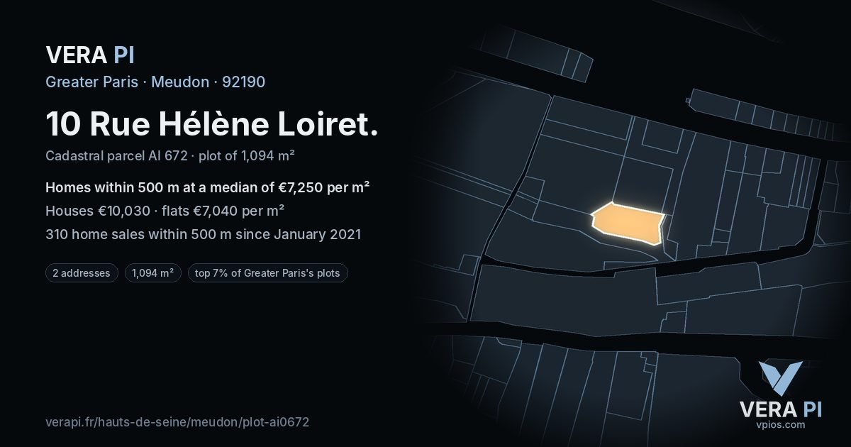 10 Rue Hélène Loiret, Meudon at night – the plot lit, the parcels around coloured by the prices near them