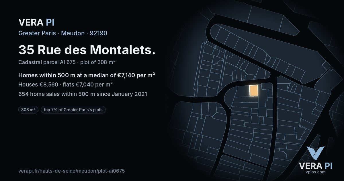 35 Rue des Montalets, Meudon at night – the plot lit, the parcels around coloured by the prices near them