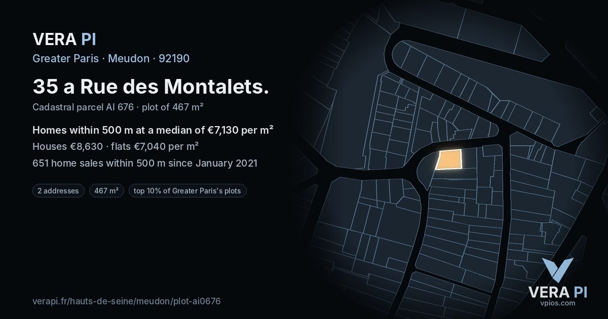 35 a Rue des Montalets, Meudon at night – the plot lit, the parcels around coloured by the prices near them