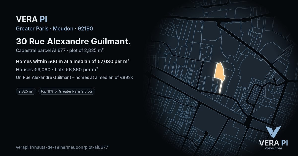30 Rue Alexandre Guilmant, Meudon at night – the plot lit, the parcels around coloured by the prices near them
