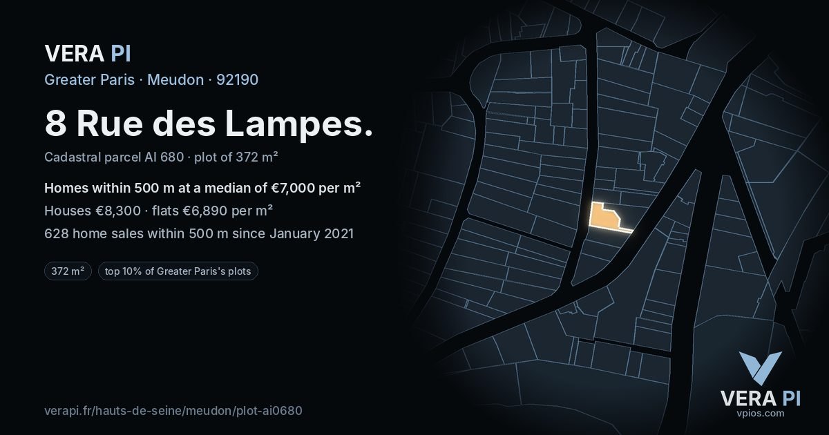 8 Rue des Lampes, Meudon at night – the plot lit, the parcels around coloured by the prices near them