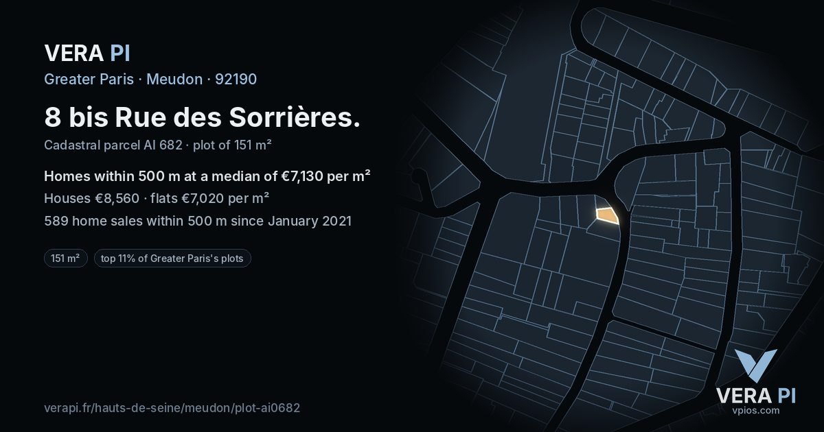 8 bis Rue des Sorrières, Meudon at night – the plot lit, the parcels around coloured by the prices near them