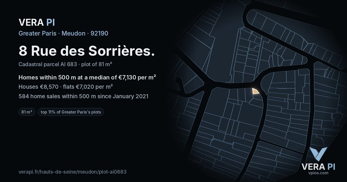 8 Rue des Sorrières, Meudon at night – the plot lit, the parcels around coloured by the prices near them