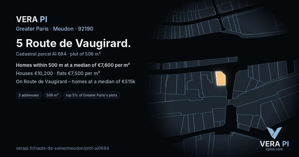 5 Route de Vaugirard, Meudon at night – the plot lit, the parcels around coloured by the prices near them