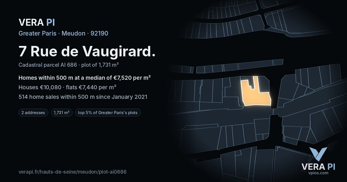 7 Rue de Vaugirard, Meudon at night – the plot lit, the parcels around coloured by the prices near them