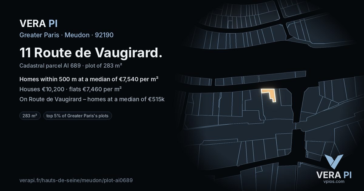 11 Route de Vaugirard, Meudon at night – the plot lit, the parcels around coloured by the prices near them