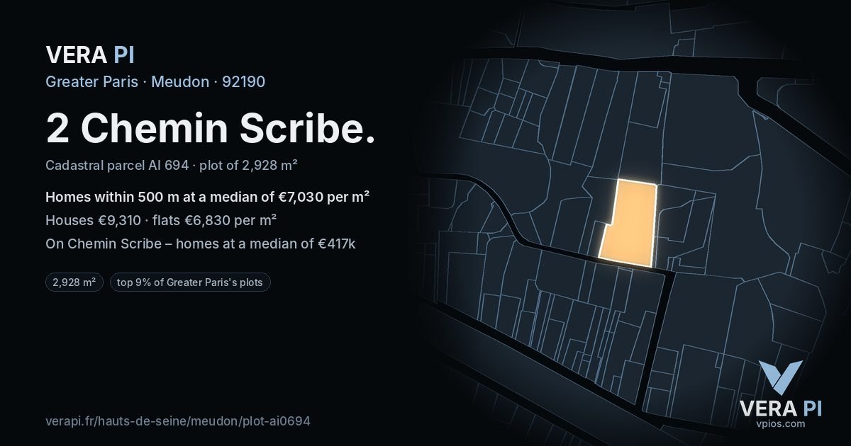 2 Chemin Scribe, Meudon at night – the plot lit, the parcels around coloured by the prices near them