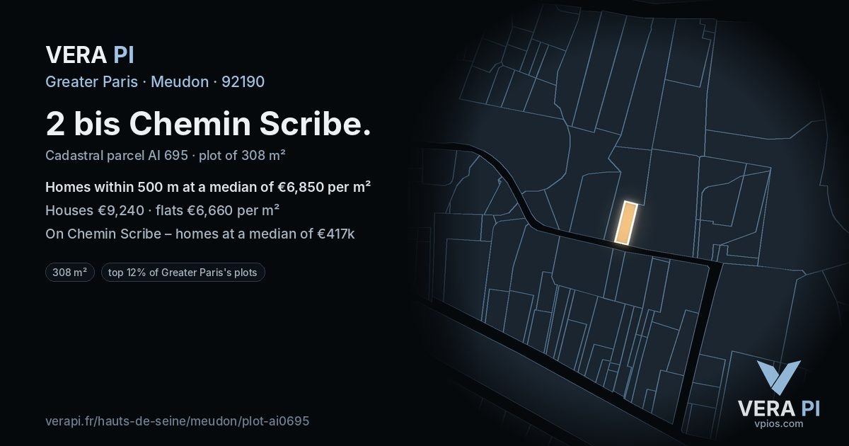 2 bis Chemin Scribe, Meudon at night – the plot lit, the parcels around coloured by the prices near them