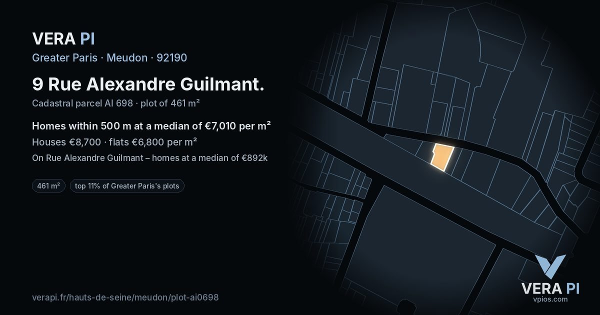 9 Rue Alexandre Guilmant, Meudon at night – the plot lit, the parcels around coloured by the prices near them