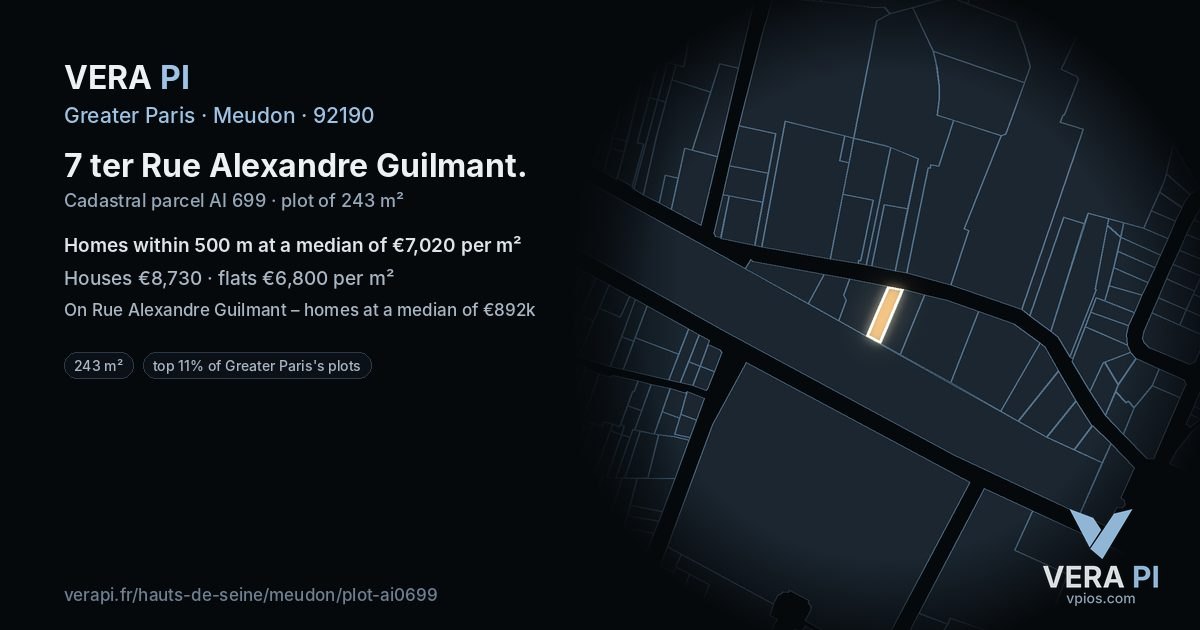 7 ter Rue Alexandre Guilmant, Meudon at night – the plot lit, the parcels around coloured by the prices near them