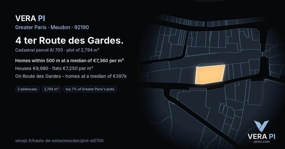 4 ter Route des Gardes, Meudon at night – the plot lit, the parcels around coloured by the prices near them
