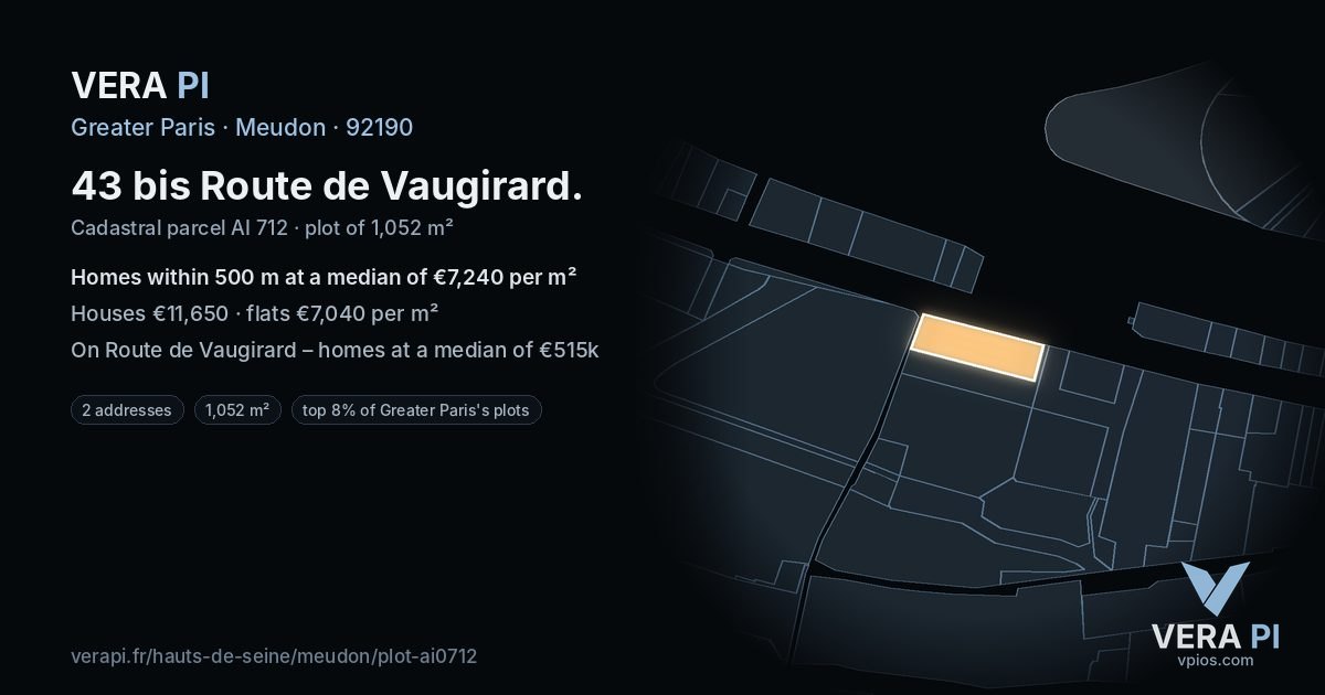 43 bis Route de Vaugirard, Meudon at night – the plot lit, the parcels around coloured by the prices near them
