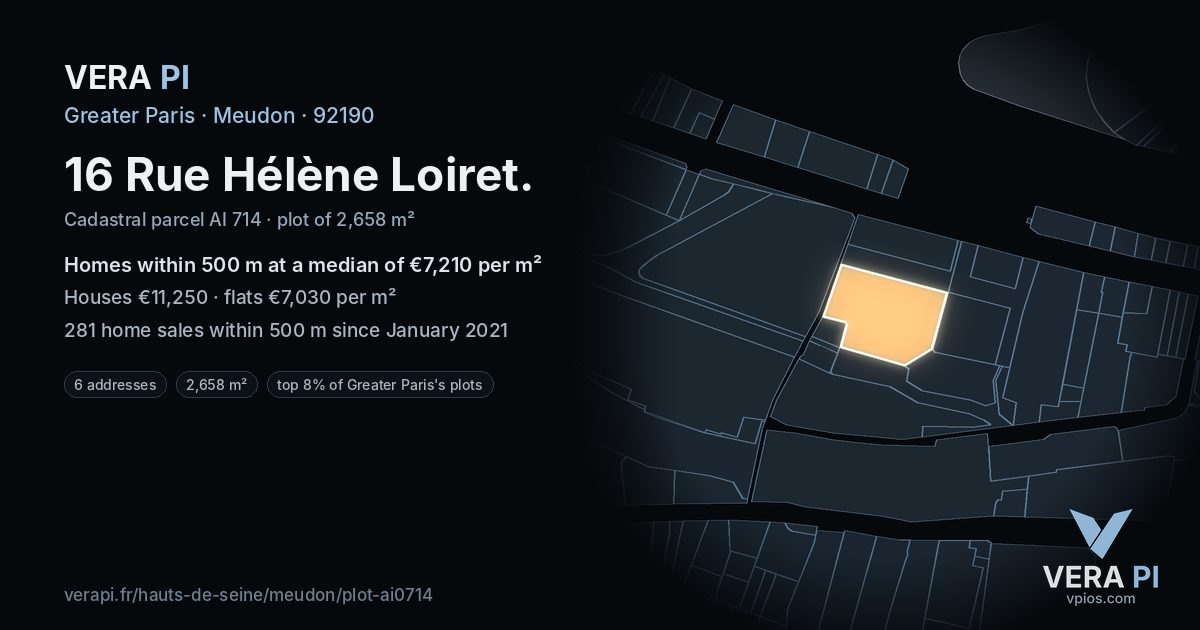 16 Rue Hélène Loiret, Meudon at night – the plot lit, the parcels around coloured by the prices near them
