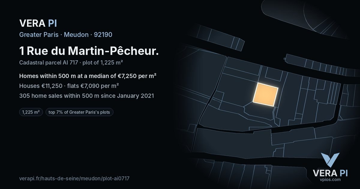 1 Rue du Martin-Pêcheur, Meudon at night – the plot lit, the parcels around coloured by the prices near them