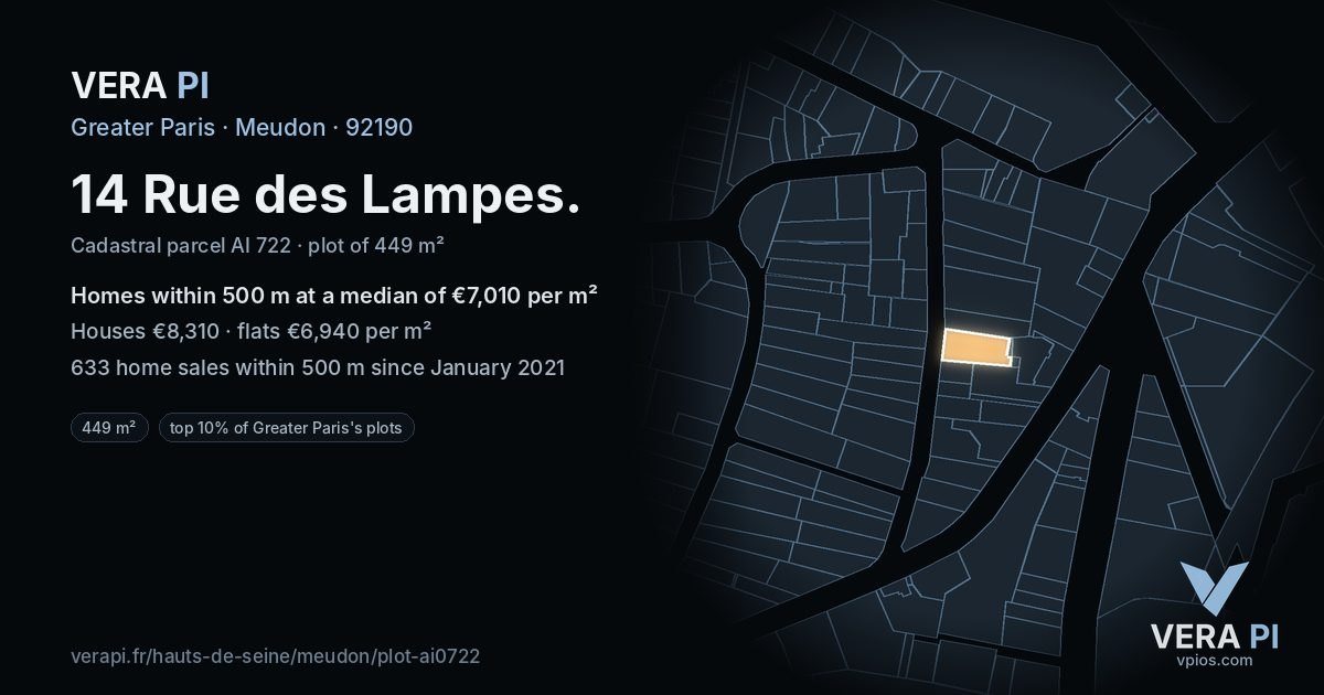 14 Rue des Lampes, Meudon at night – the plot lit, the parcels around coloured by the prices near them
