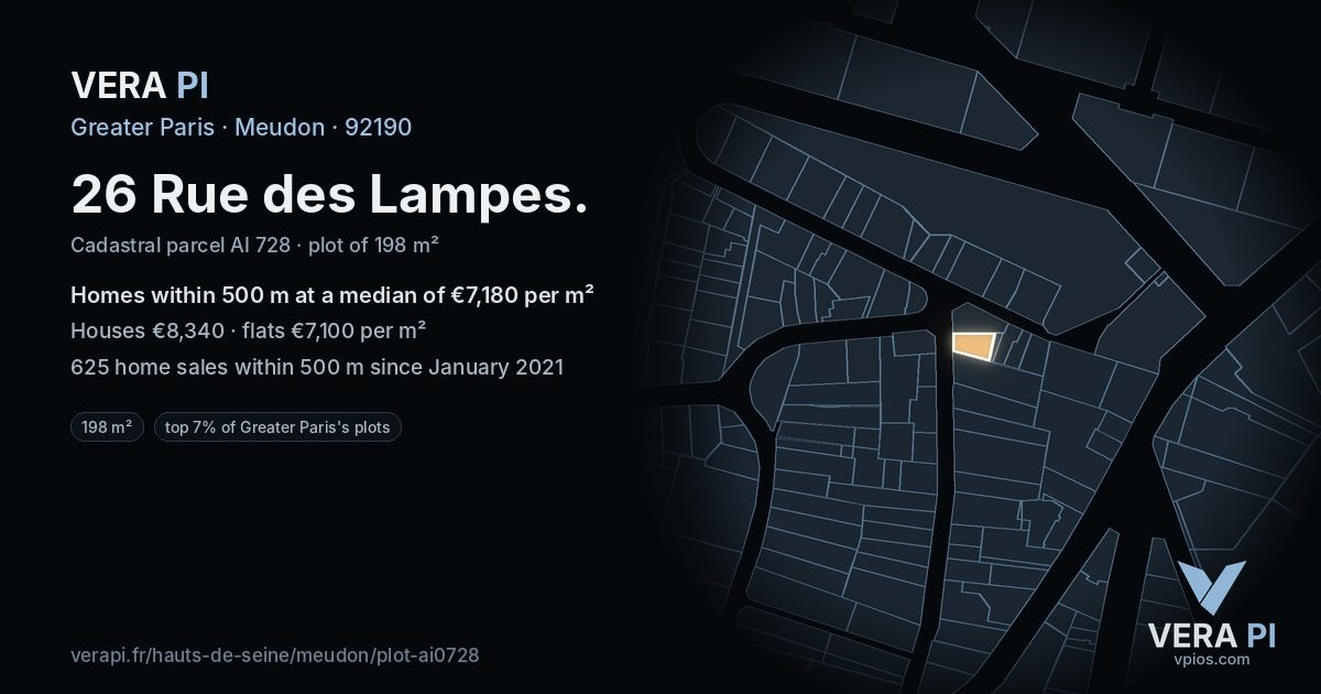 26 Rue des Lampes, Meudon at night – the plot lit, the parcels around coloured by the prices near them