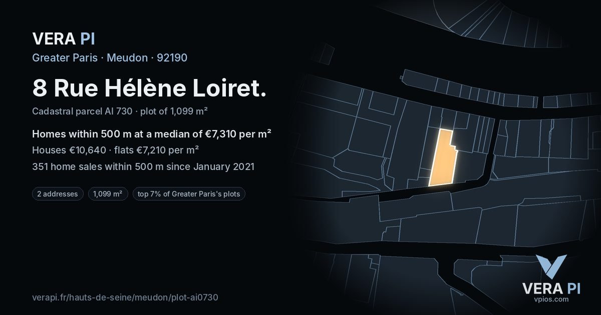 8 Rue Hélène Loiret, Meudon at night – the plot lit, the parcels around coloured by the prices near them