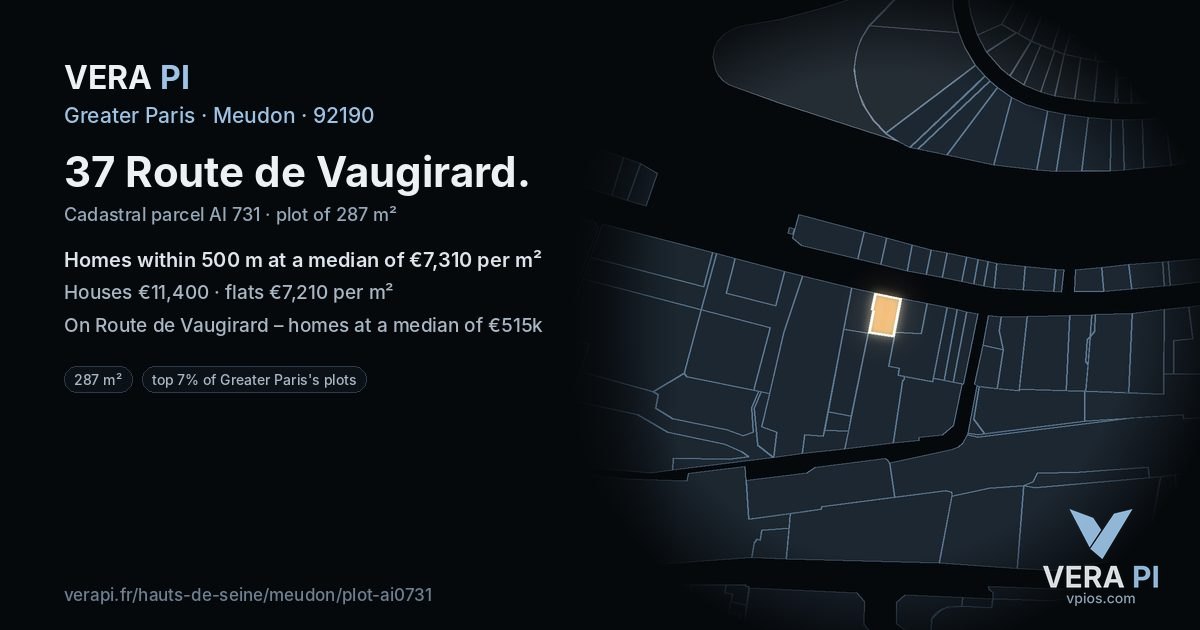 37 Route de Vaugirard, Meudon at night – the plot lit, the parcels around coloured by the prices near them