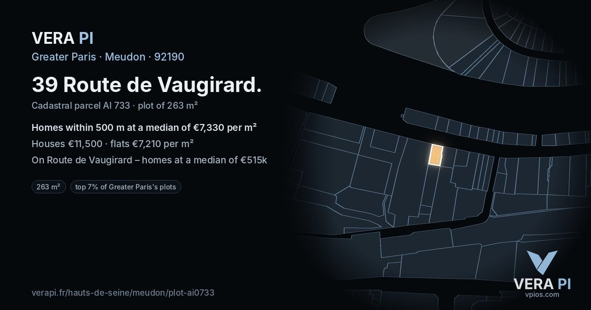 39 Route de Vaugirard, Meudon at night – the plot lit, the parcels around coloured by the prices near them