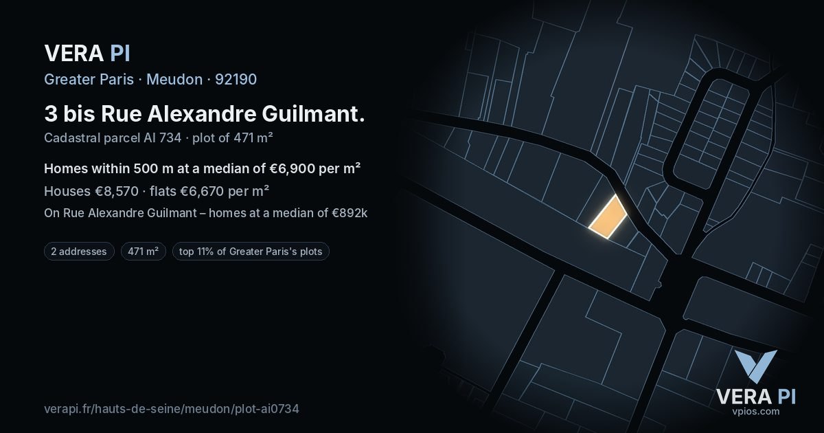 3 bis Rue Alexandre Guilmant, Meudon at night – the plot lit, the parcels around coloured by the prices near them