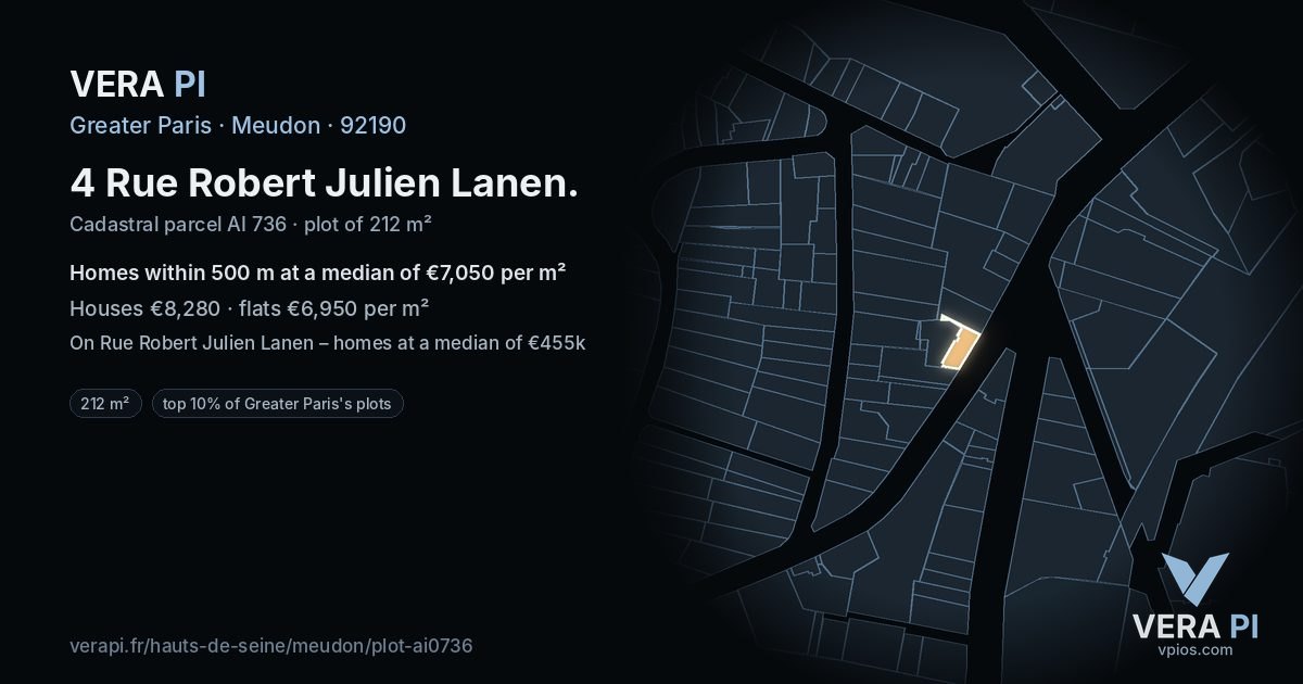 4 Rue Robert Julien Lanen, Meudon at night – the plot lit, the parcels around coloured by the prices near them