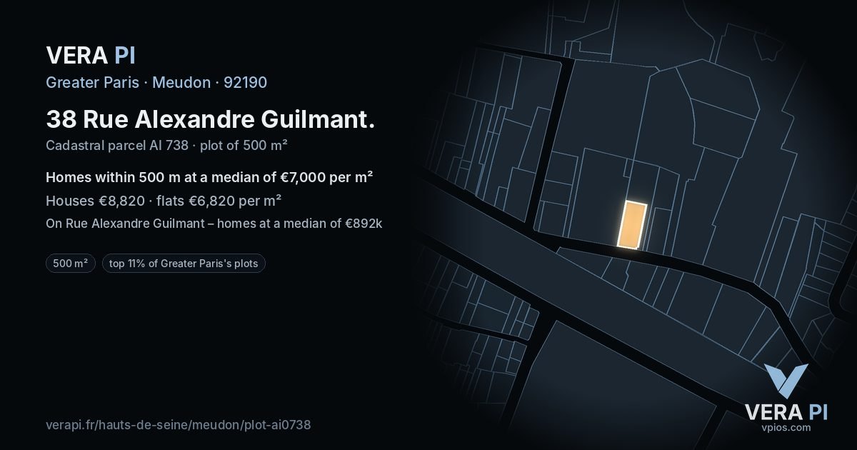 38 Rue Alexandre Guilmant, Meudon at night – the plot lit, the parcels around coloured by the prices near them