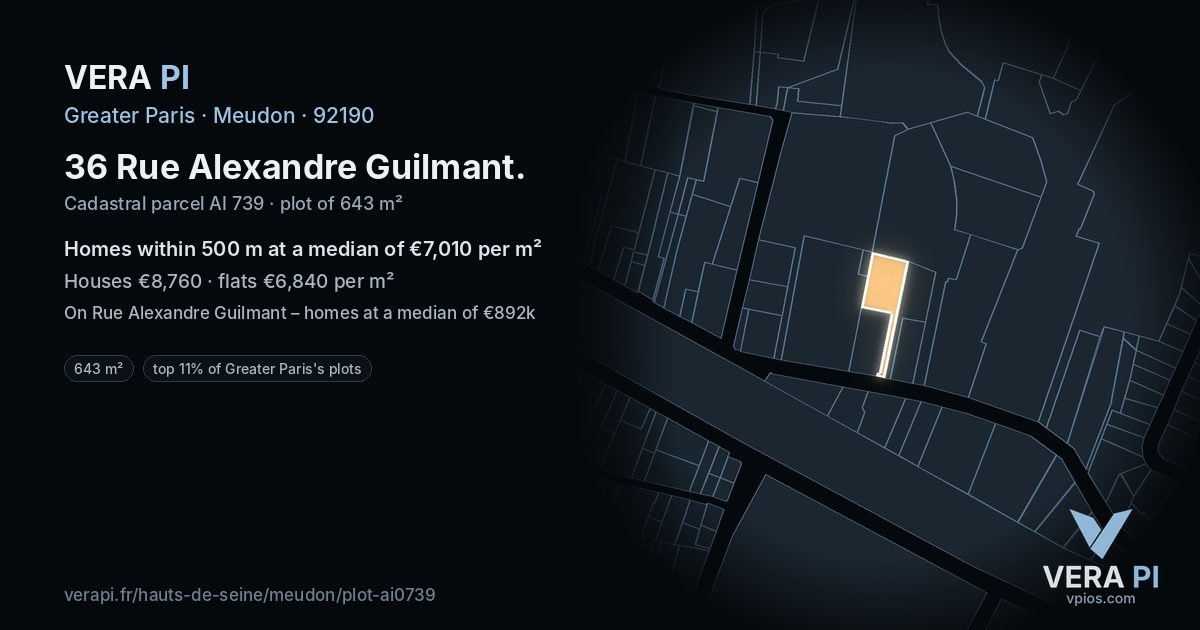 36 Rue Alexandre Guilmant, Meudon at night – the plot lit, the parcels around coloured by the prices near them