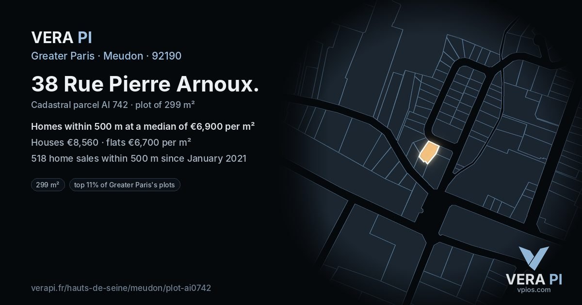 38 Rue Pierre Arnoux, Meudon at night – the plot lit, the parcels around coloured by the prices near them