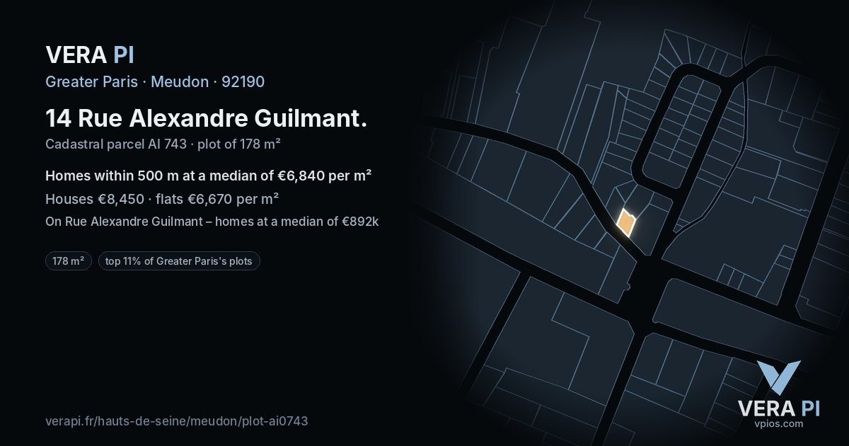 14 Rue Alexandre Guilmant, Meudon at night – the plot lit, the parcels around coloured by the prices near them