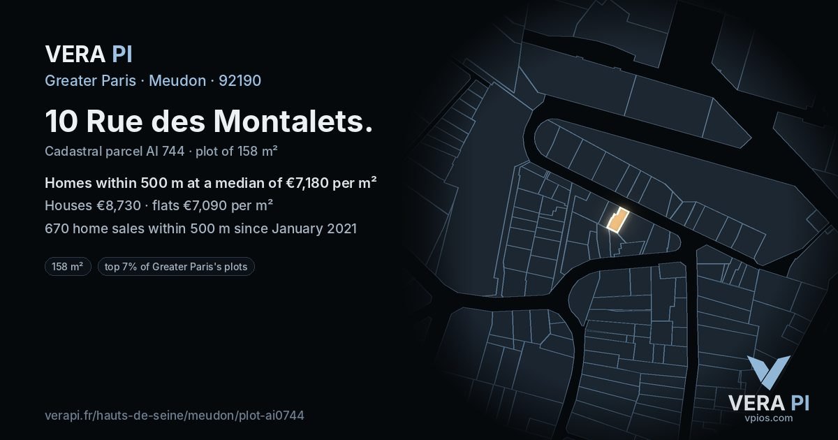 10 Rue des Montalets, Meudon at night – the plot lit, the parcels around coloured by the prices near them