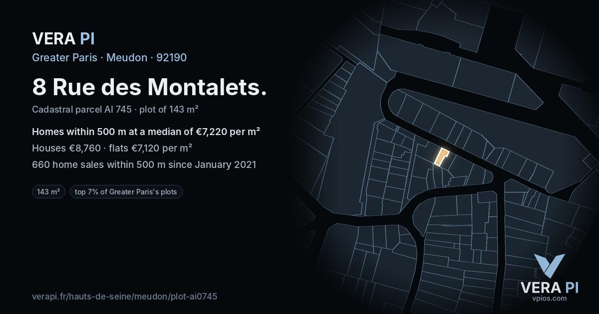 8 Rue des Montalets, Meudon at night – the plot lit, the parcels around coloured by the prices near them