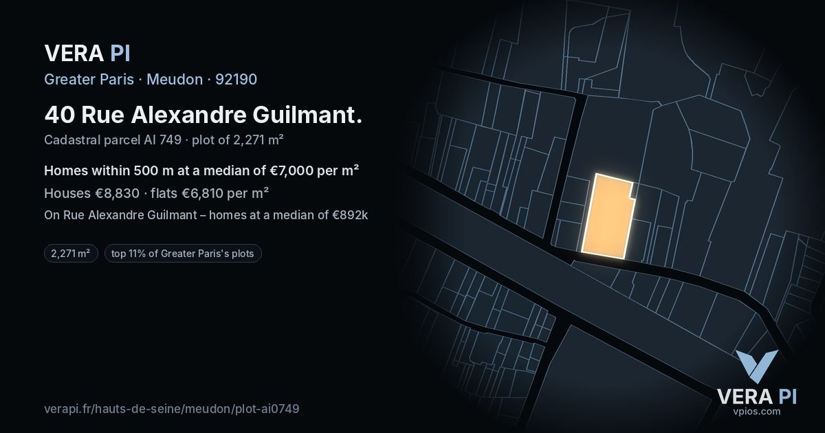40 Rue Alexandre Guilmant, Meudon at night – the plot lit, the parcels around coloured by the prices near them
