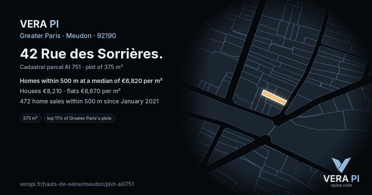 42 Rue des Sorrières, Meudon at night – the plot lit, the parcels around coloured by the prices near them