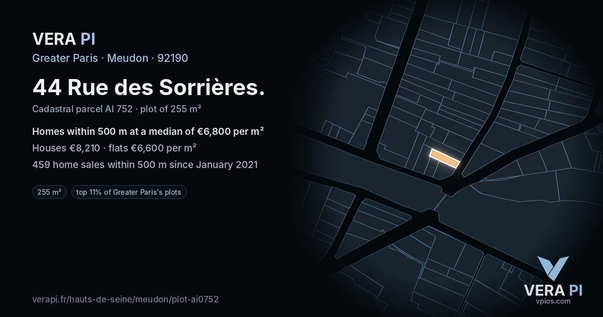 44 Rue des Sorrières, Meudon at night – the plot lit, the parcels around coloured by the prices near them