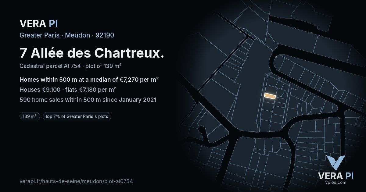 7 Allée des Chartreux, Meudon at night – the plot lit, the parcels around coloured by the prices near them